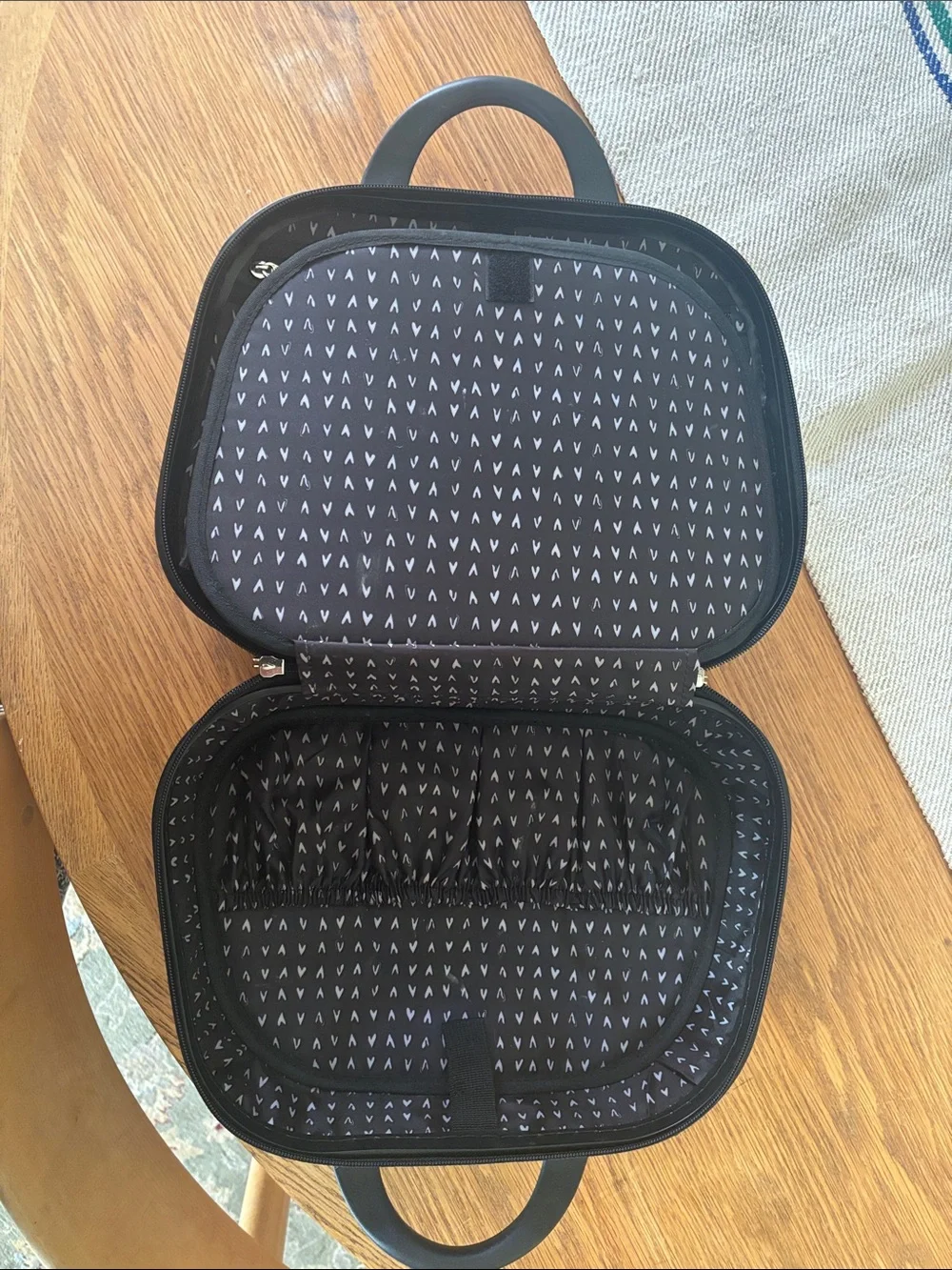 White Graphic Heart Dome Cosmetic Case with Black Handle and Colorful Print
